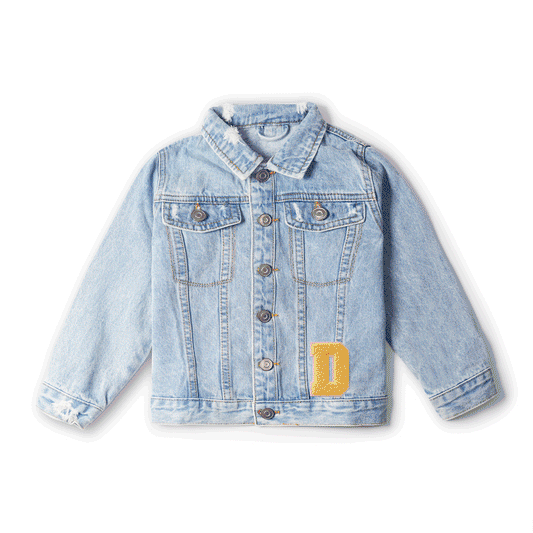 Denim jacket with varsity style letter on front lower right